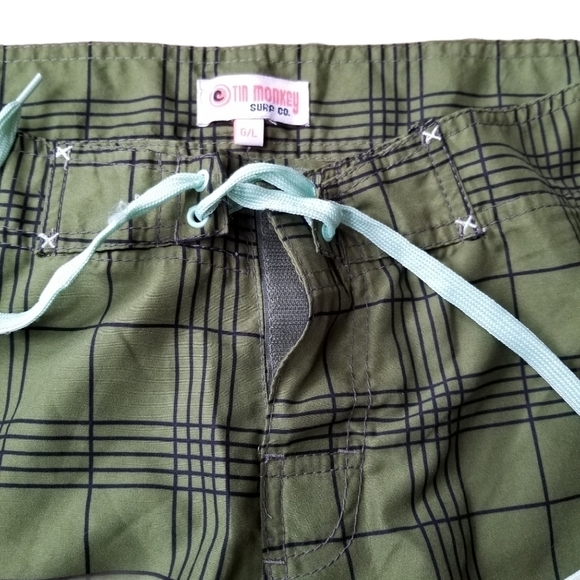 Tin Monkey Green Plaid Surf Sport Beach  Shorts - Picture 5 of 8